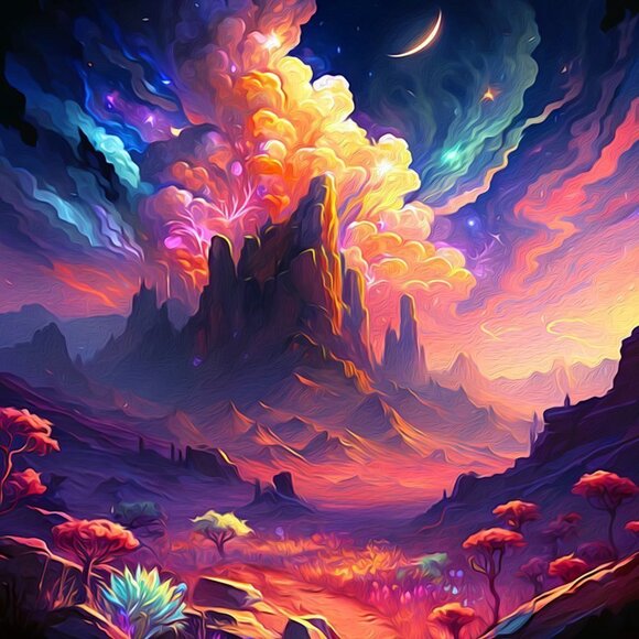 Fantasy‎ Mountains Colorful Wall Art Illustration Oil Painting Print - Picture 2 of 6